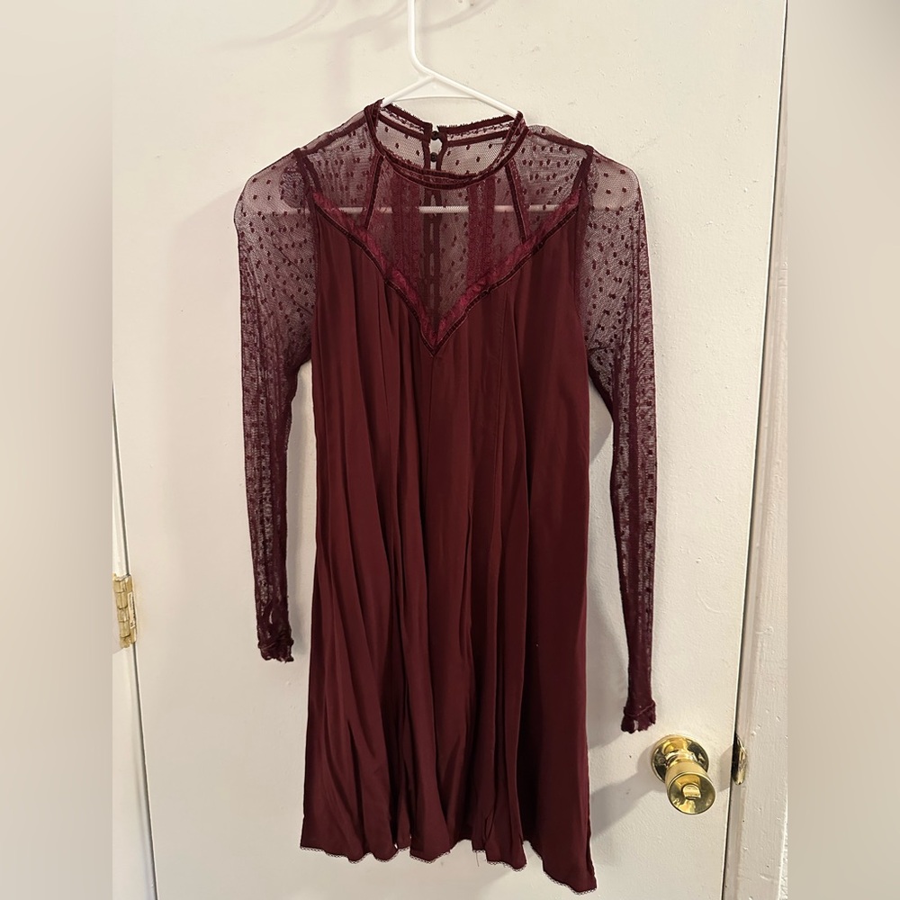 Kimchi Blue maroon long sleeve mini dress with mesh detail